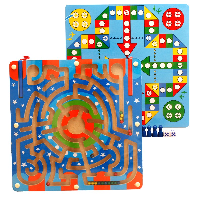 磁性运笔迷宫益智玩具专注力训练多功能儿童亲子4-6周岁小孩3走珠 木丸子双面（环形迷宫+飞行棋）