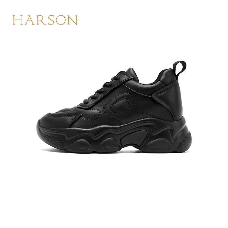 哈森女鞋专柜同款厚底增高休闲鞋四季运动鞋女鞋可选加绒HC242902 黑色 34