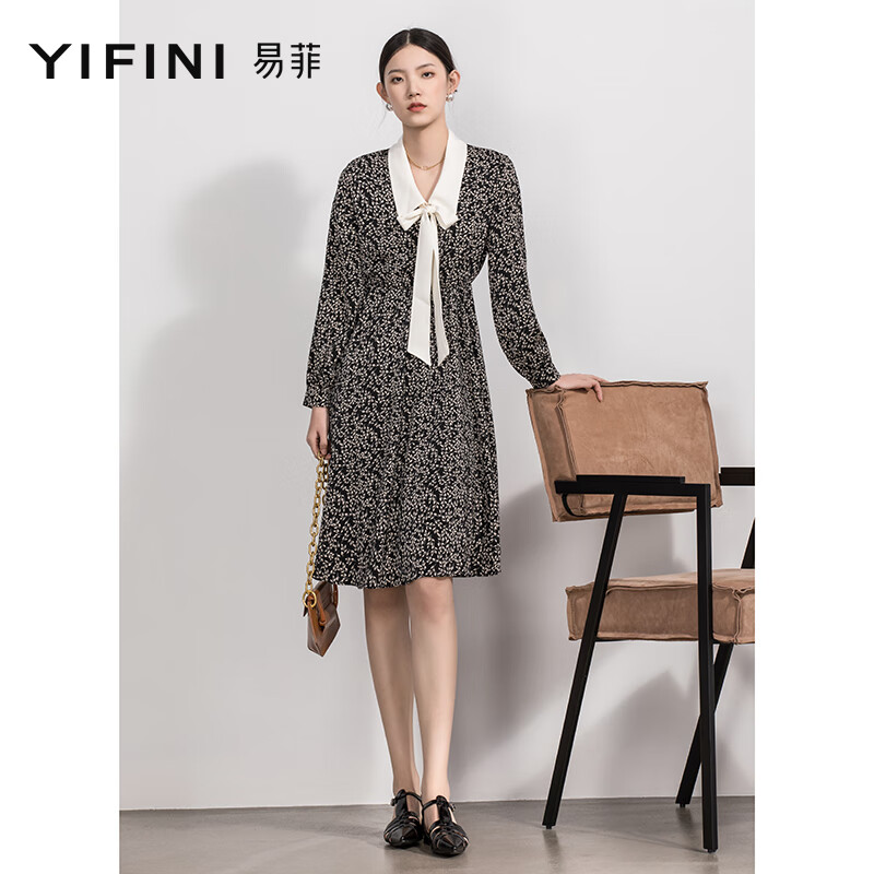 易菲(yifini)优雅气质连衣裙女春秋季新款印花衬衫领显瘦连衣裙2108y