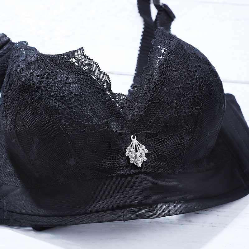 女蕾丝舒适调整型文胸小胸显大聚拢无钢圈文胸中厚杯胸罩3704 黑色