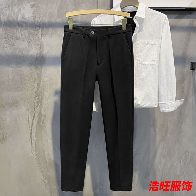 口旋秋冬款毛呢褲子男士休閑西裝長(zhǎng)褲直筒厚款加絨韓版百搭呢子褲 黑色 28 【75-95斤】