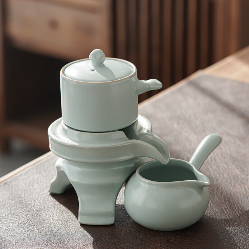 盛芯华半自动石磨功夫茶具家用懒人泡茶神器汝窑茶壶泡茶壶组合套装