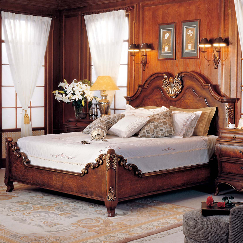 8米 主卧室婚床 欧式复古板床2米古典实木床 双人床