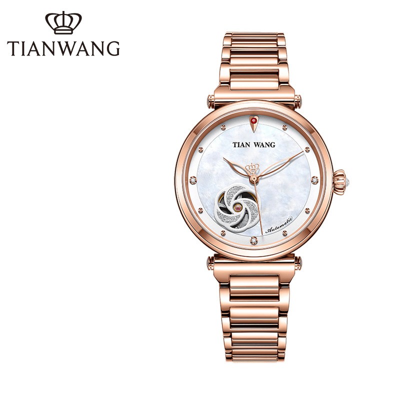 天王表(tian wang)手表女 钢带镂空机械女表 白面玫瑰金带女表51107
