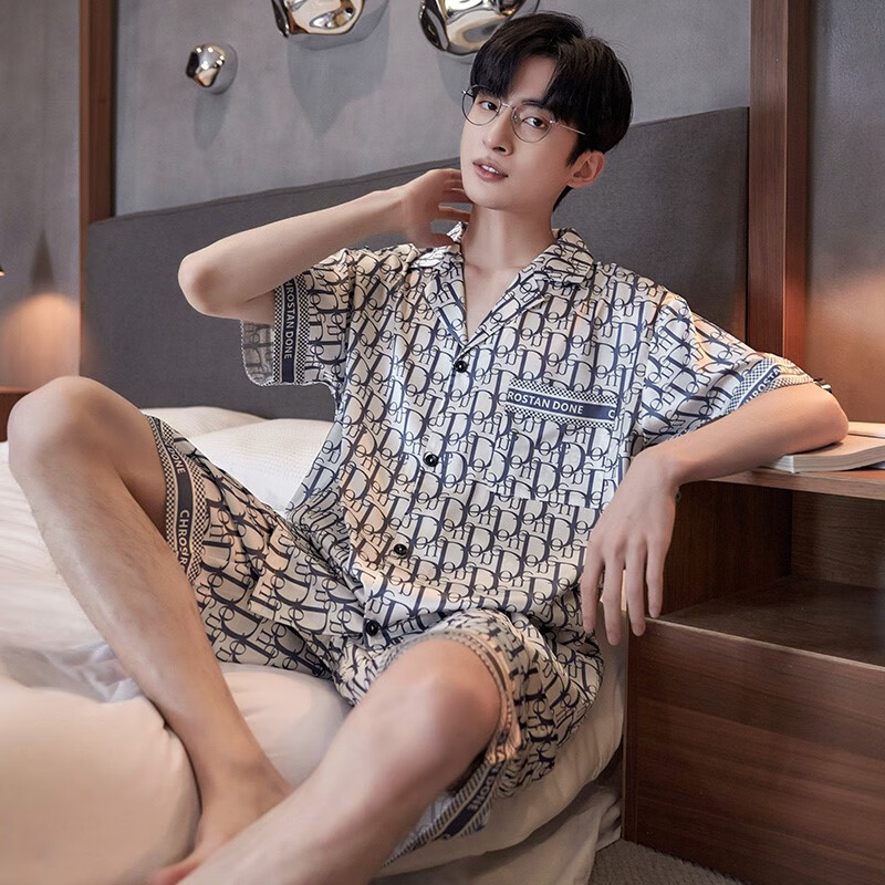 筝宁男士真丝睡衣桑蚕丝短袖短裤夏高档桑蚕丝开衫薄款宽松大码家居服