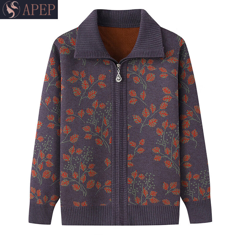 apep中老年人秋装妈妈装加绒针织开衫秋冬外套上衣老人衣服 紫色(不.