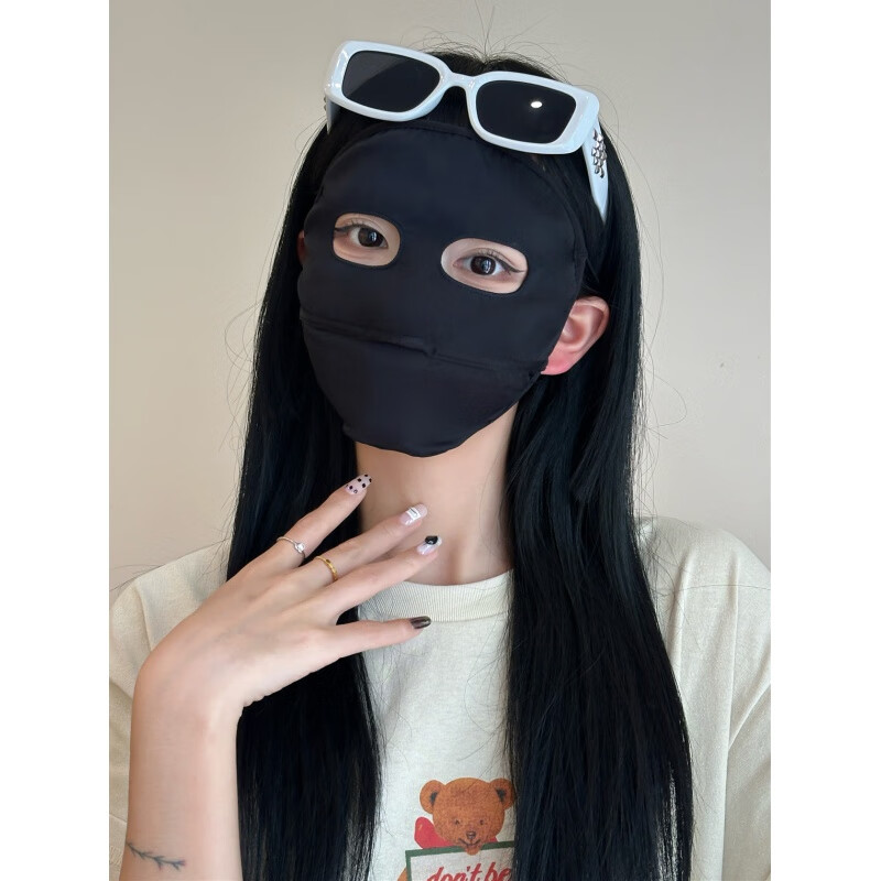 防晒口罩护眼角冰丝 防晒面罩全脸女夏季薄款骑车防紫外线脸基尼透气遮阳面巾冰丝口罩 黑色
