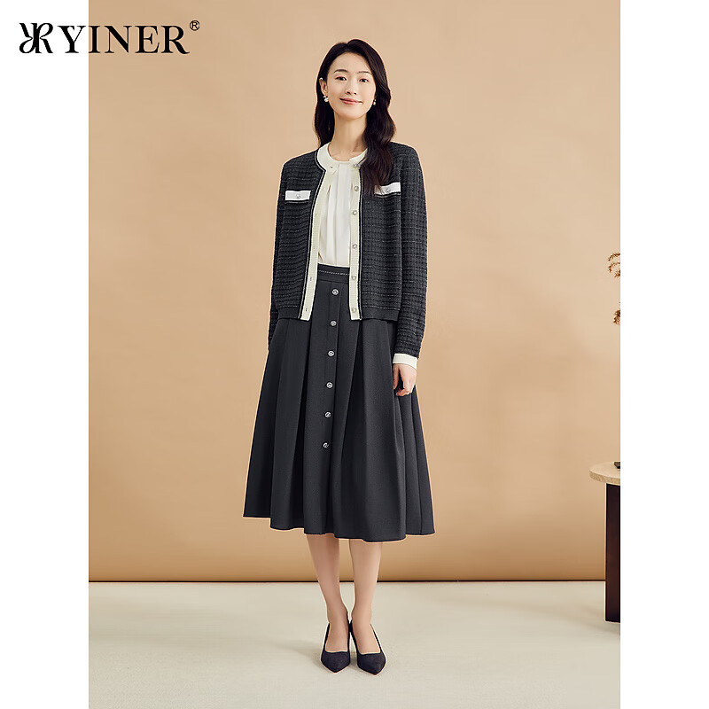 YINER音儿专选秋季女装羊毛混纺优雅撞色亮丝小香风针织开衫 烟灰 XL 42