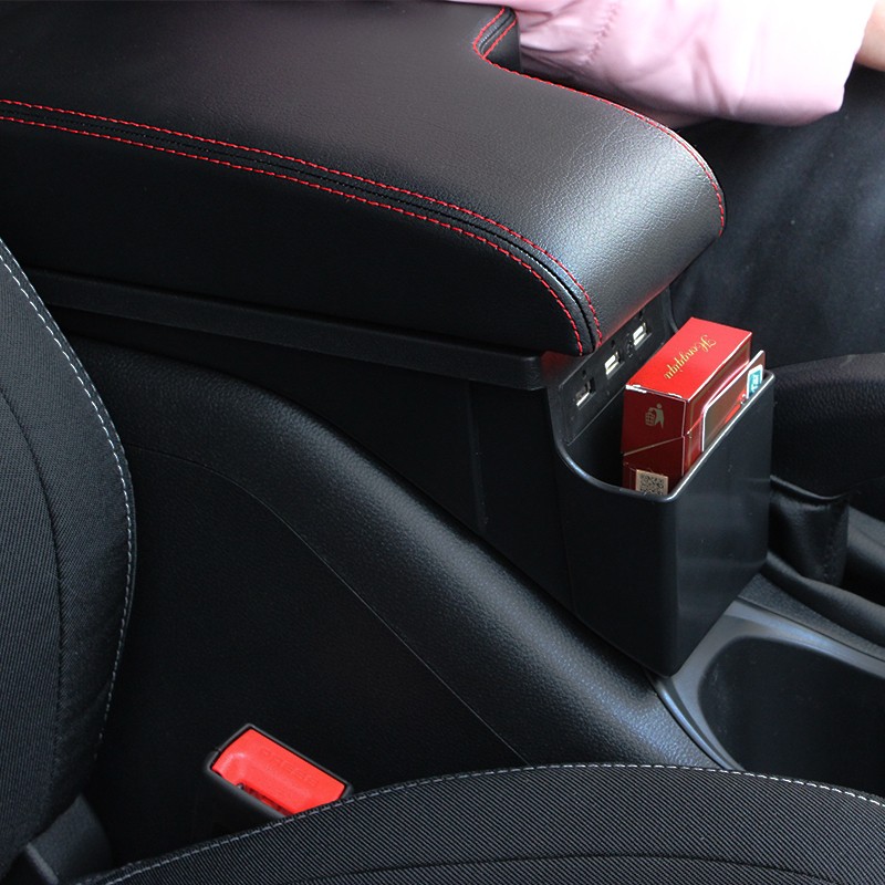 宝骏510扶手箱装饰专用免打孔中央原装宝俊510手扶箱改装配件内饰一体储物盒 超纤款-双层-面板伸缩-USB-氛围灯-黑色红线