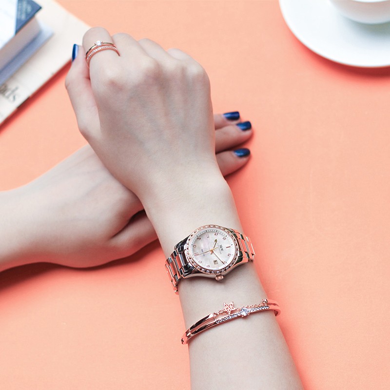 爱沃驰轻奢时尚防水玫瑰金锆石镶嵌石英手表女士表七夕生日礼物送女友 玫金壳白面|间玫钢带