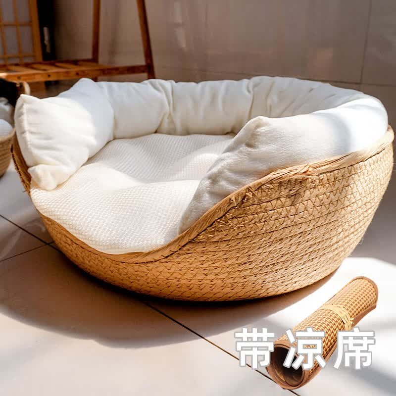 乐卡利 藤编猫窝环绕抱枕式四季猫床草编绒手工编织狗窝猫狗通用 中号40+白色pp垫+抱枕+凉席怎么样,好用不?