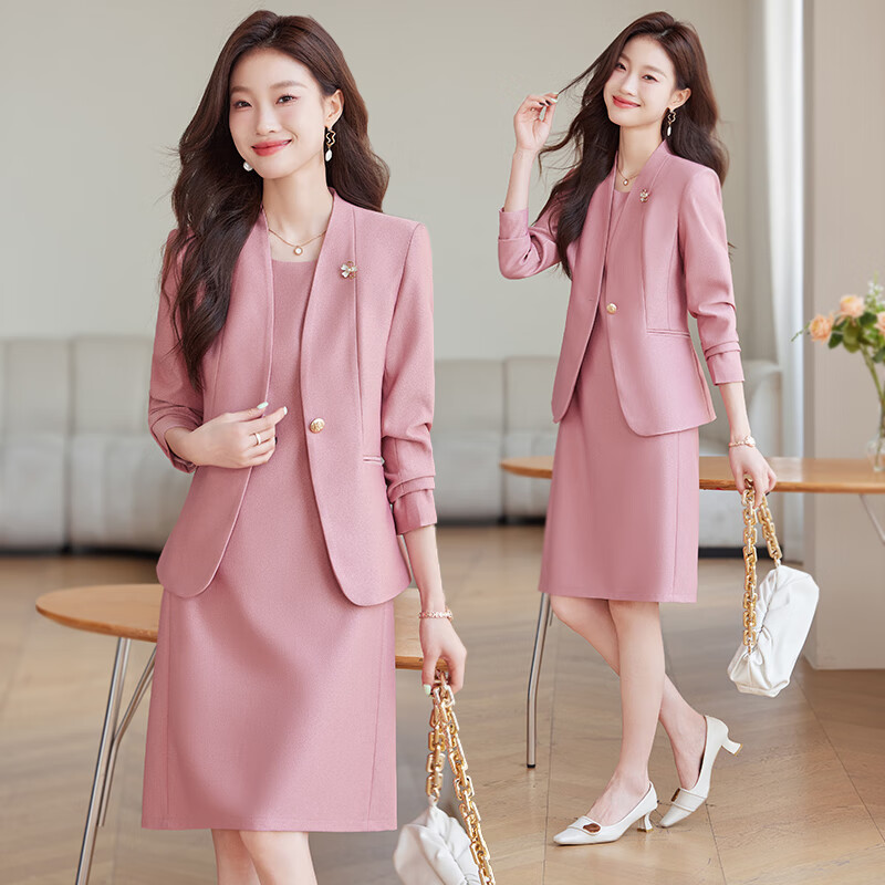 簡蜓無領西裝連衣裙女兩件套春秋2025新款氣質正裝小西服套裝裙工作服 粉色西裝+裙子 M