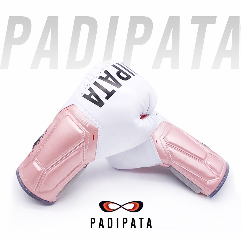 PADIPATA拳击手套男女成人散打搏击泰拳训练SHIELD-X专业拳套 粉白色 12oz