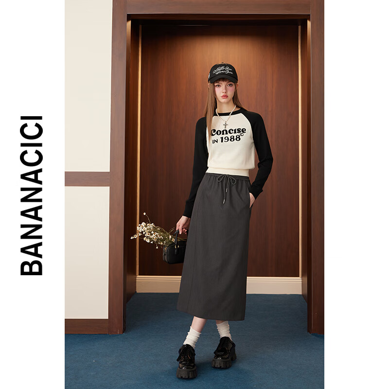 banana cici2024年秋季新款美式复古风撞色字母刺绣BC套头针织衫C243MY093 黑色 L