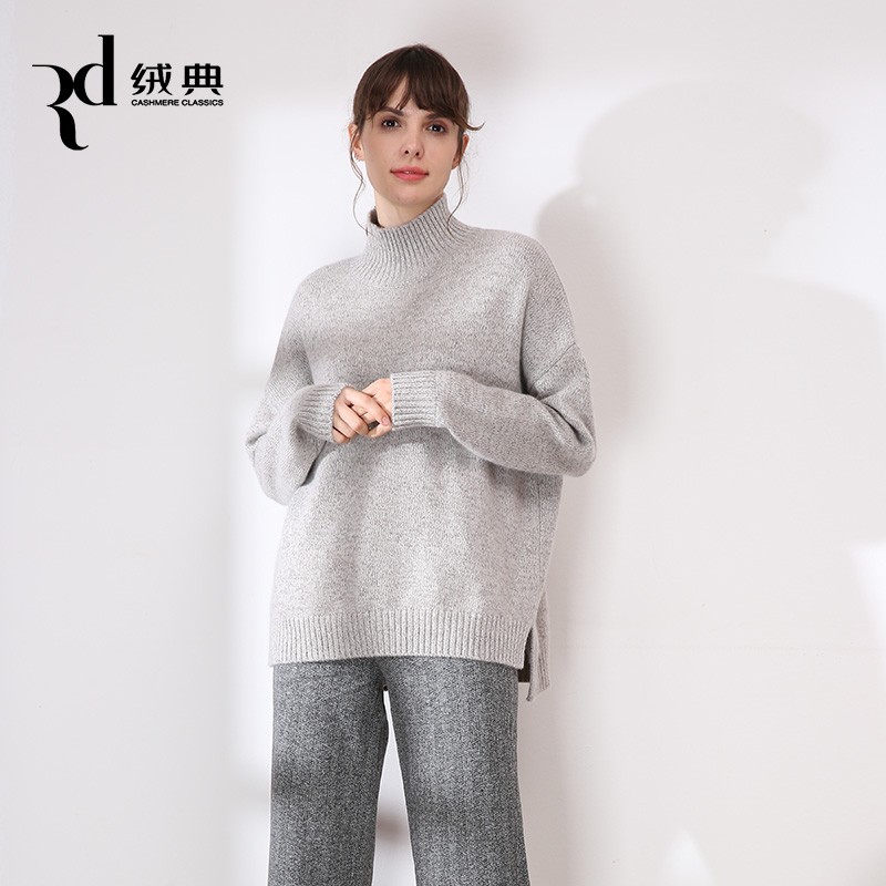 绒典半高领羊绒衫女秋冬新款花纱纯羊绒加厚针织衫宽松毛衣 花米咖