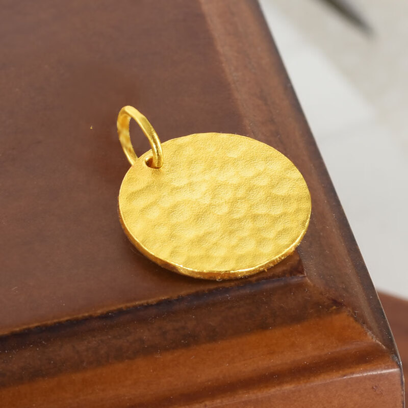 匠蕴黄金吊坠男女足金999古法锤纹实心金饼圆形无事牌项链挂坠送礼