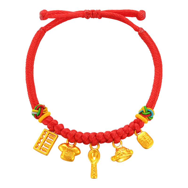 中國珠寶黃金手鏈寶寶紅繩手鏈足金錦衣玉食轉運珠手串繩滿月周歲禮物 黃金寶寶手鏈約1克