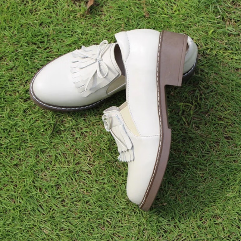 小白鞋时尚百搭头层牛皮单鞋女款舒适简洁小皮鞋批发 米白色3cm鞋底