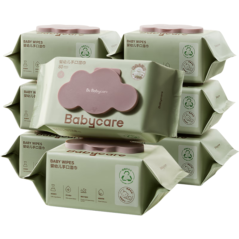 babycare婴儿手口湿巾新生儿加厚擦脸带盖成人可用6480紫盖湿纸巾80抽-8包