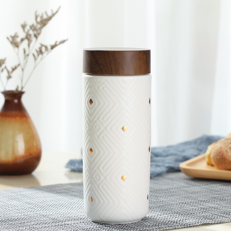 乾唐轩奇迹双层330ml手工描金随身杯水杯陶瓷杯茶杯礼盒装 牙白 金