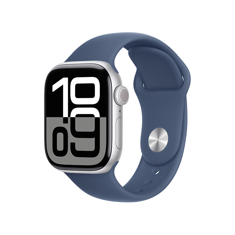 Apple Watch Series 10 智能手表42毫米银色铝金属表壳丹宁色运动型表带S/M【蜂窝款】MWXJ3CH/B