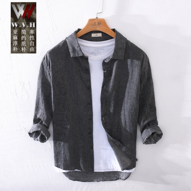 wvh品牌男装夏季薄款色织七分袖亚麻衬衫男士复古休闲宽松棉麻衬衣潮