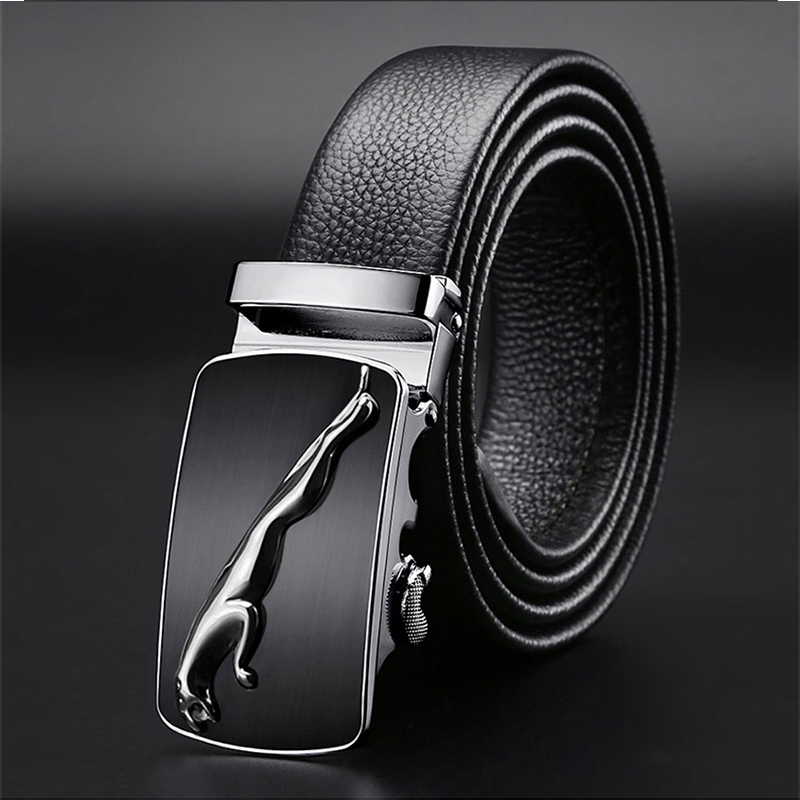 POACY真皮头层牛皮带 男士腰带捷豹子 情人节裤带男式款 礼盒装 807金【配银色扣】头层牛皮黑身 115cm 【默认发115cm】