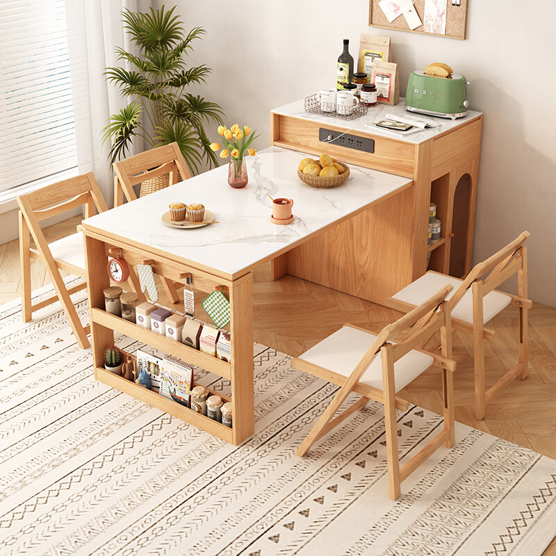 餐边柜折叠餐桌一体现代岛台岩板餐桌日式用一体现代简约 可收纳4子