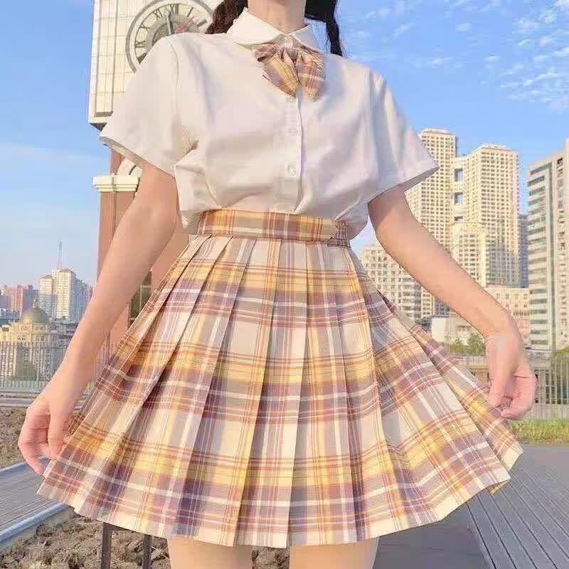 罗蒙（ROMON）jk格裙正版全套现货制服套装衬衫短裙百褶裙一套格子裙jk裙子 山吹+白短袖+领结 3XL 140斤以下属于什么档次？