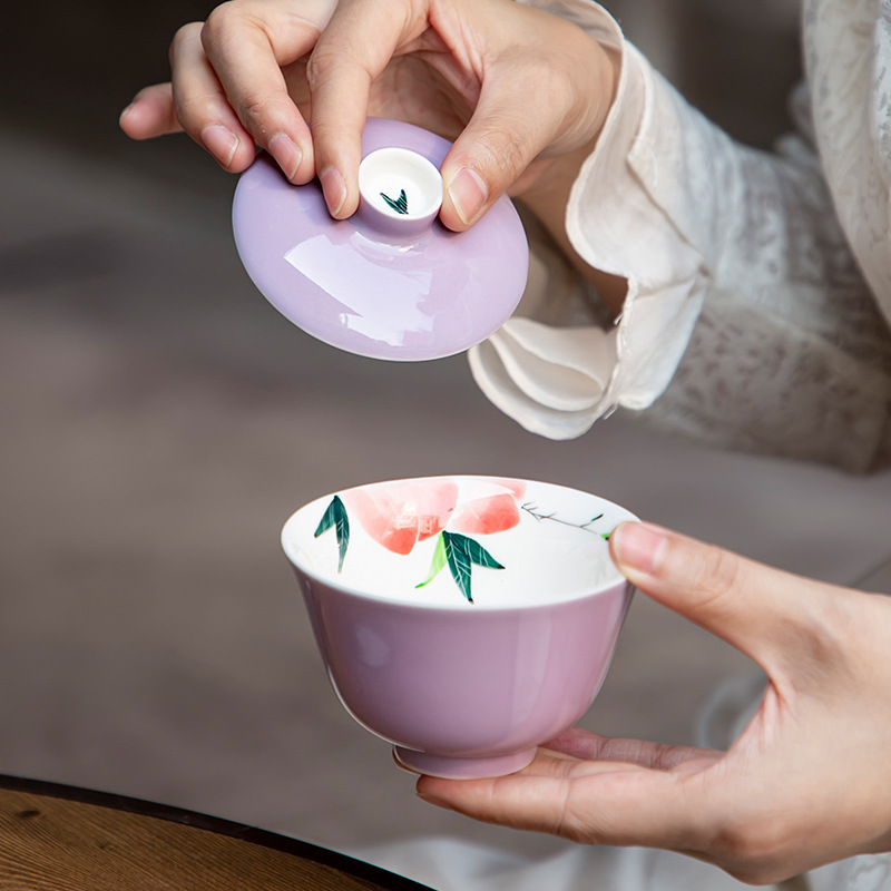 言器 陶瓷盖碗手绘桃子泡茶碗茶艺单个二才茶碗泡茶器小茶碗文艺