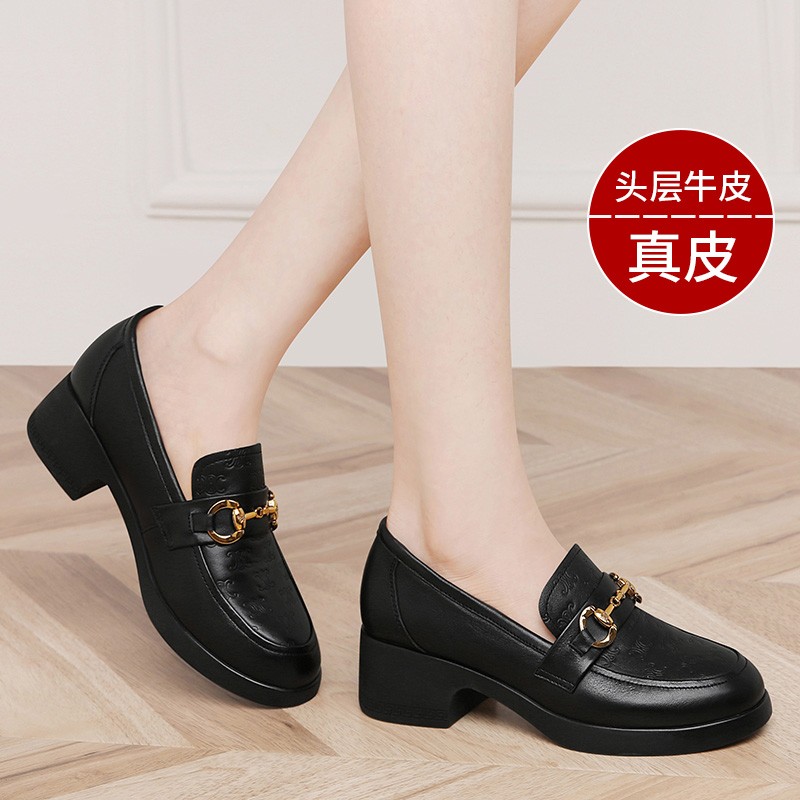 fimindry单鞋女2024春季新款内增高圆头方跟中口女鞋子金属装饰小皮鞋