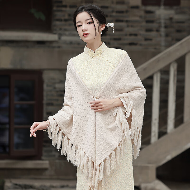 搭配的小开衫披肩针织民国风流苏外套冬季斗篷披风秋冬 流苏披肩-米色