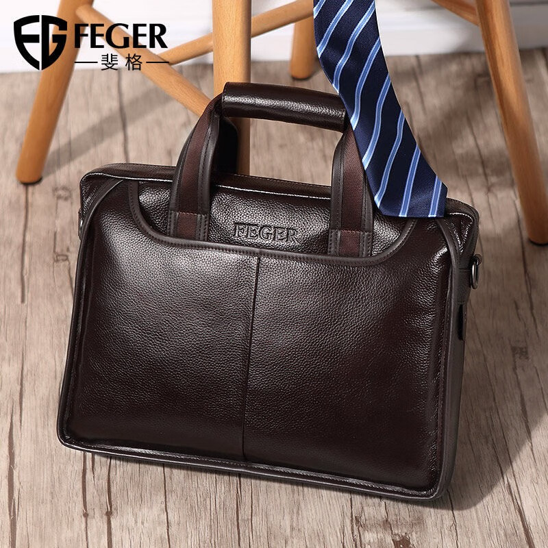 斐格男士手提包真皮商务公文包男单肩斜挎包上班通勤包电脑包轻奢防水 经典黑(真皮) 横款13英寸
