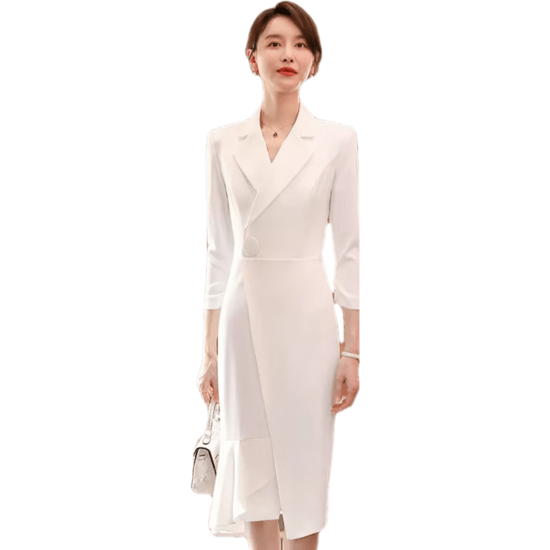 乌拓西装裙主持人正式场合感西装连衣裙春秋播音礼服演讲比赛服装 白色 S
