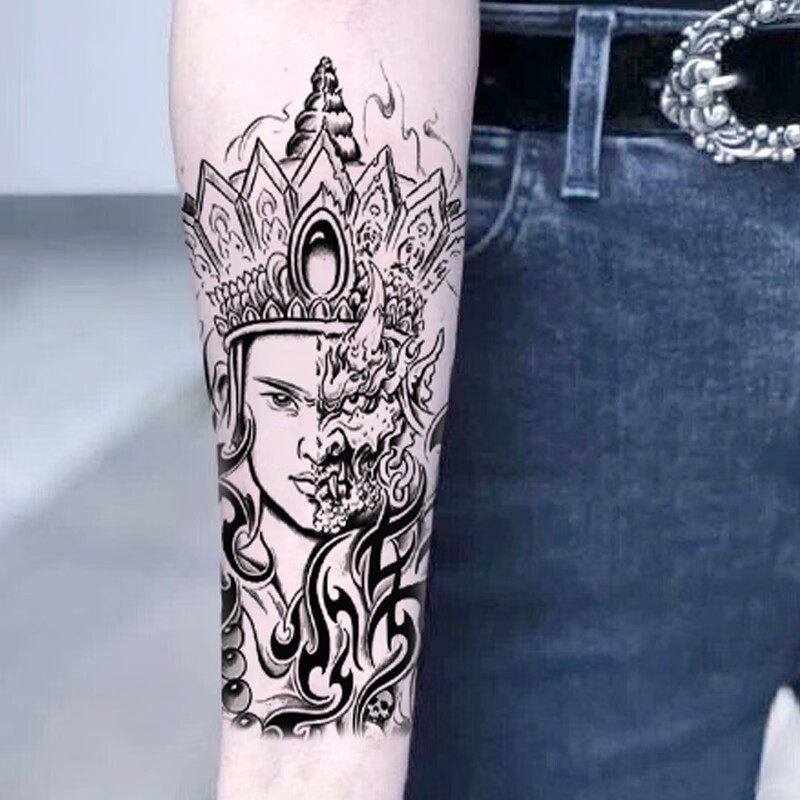 哦嘻啦半佛半魔花臂花腿男款防水纹身贴 女款个性仿真善恶单色刺青