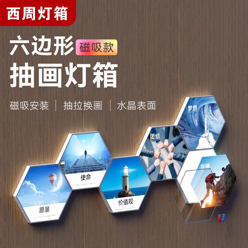 西周灯箱六边形广告灯箱抽画文化墙宣传招牌挂墙创意磁吸拼接led灯牌