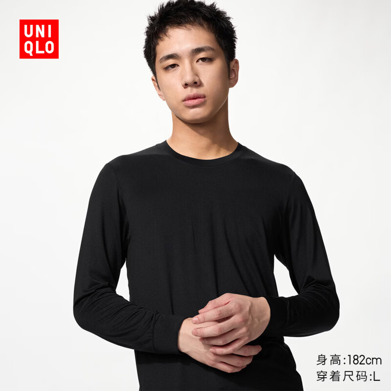 优衣库HEATTECH圆领T恤/9分袖男装保暖衣秋衣内衣486840 09 黑色 XL