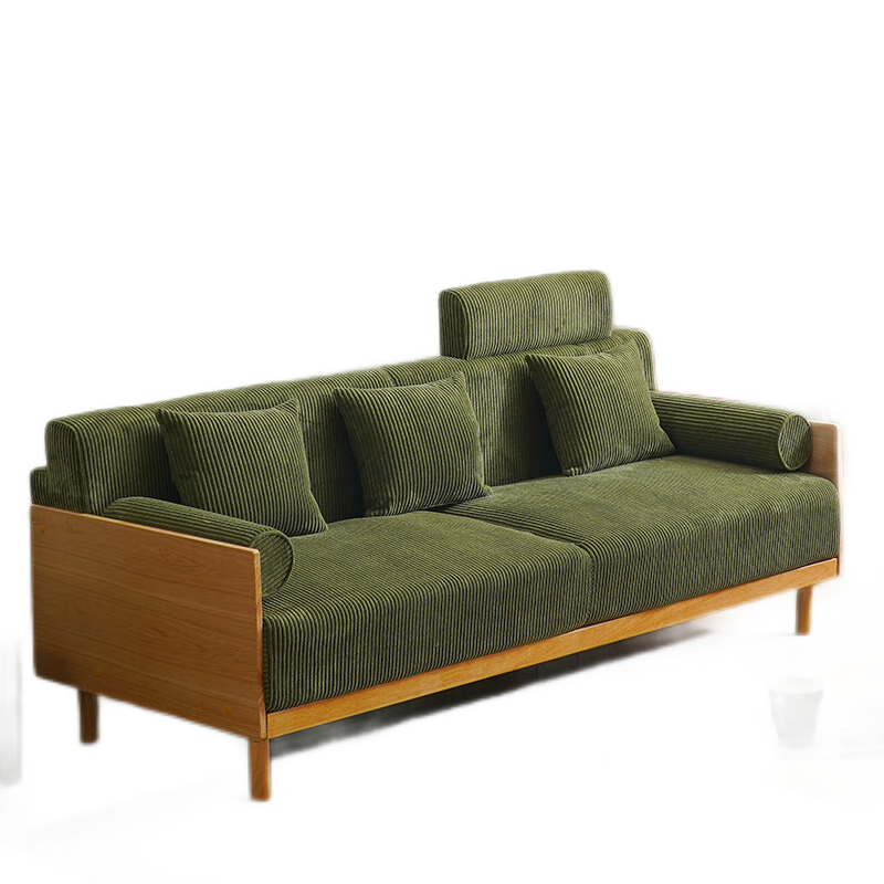 牧席 实木沙发复古沙发客厅小户型简易北欧日式原木风现代简约双人灯芯绒布艺新中式沙发组合 复古绿【柔软灯芯绒】 单人位90cm