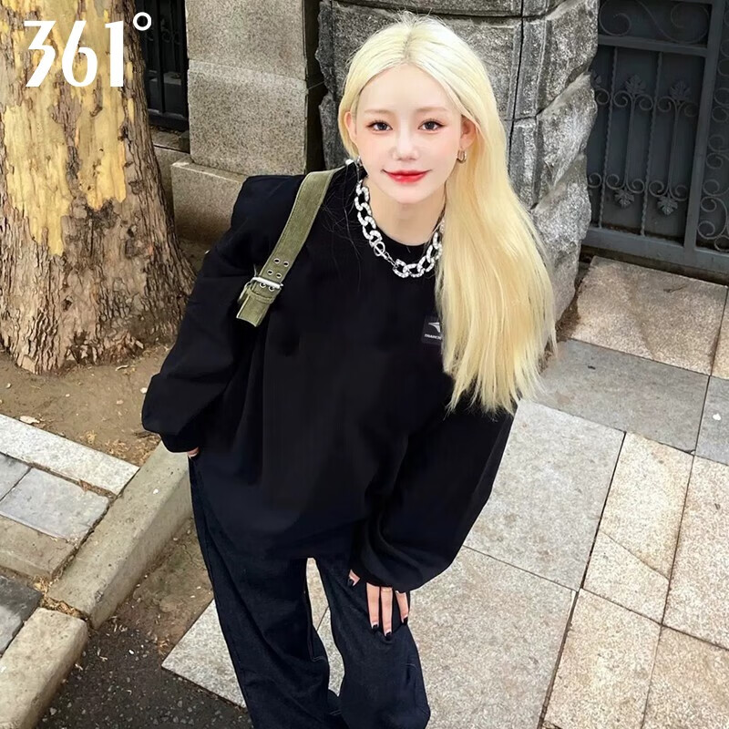 361°卫衣女春季衣服运动服饰篮球服跑步服健身服女士圆领运动装 纯黑 4XL(195)