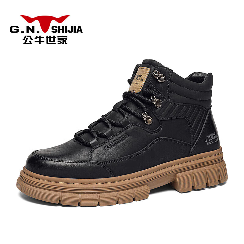 公牛世家(G.N.Shi Jia)男鞋春夏季新款英伦复古马丁靴男士厚底增高工装靴高帮皮短靴子男 黑色【四季款单鞋】GN251Y023 43 (运动鞋码)