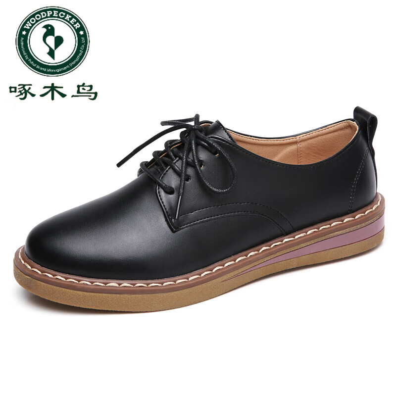啄木鸟英伦真皮小皮鞋女士软底系带单鞋2024秋季新款平底女鞋秋冬季加