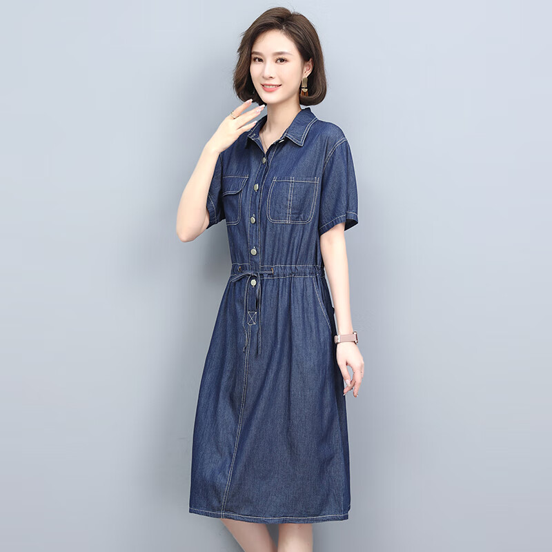 赛曼蝶纯棉软牛仔连衣裙中年女士短袖牛仔裙连衣裙夏季老妈宽松全棉