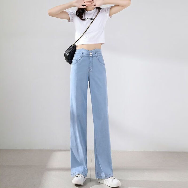 穿搭热天秋天穿的薄款牛仔裤天丝阔腿高腰牛仔裤女夏天薄款20 浅蓝色