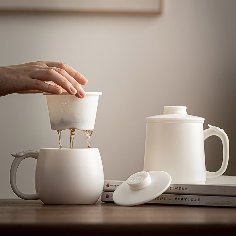 流影高档羊脂玉茶杯单个茶水分离泡茶杯马克杯德化白瓷办公杯礼品定制 丹凤金鱼对杯-吉祥如意