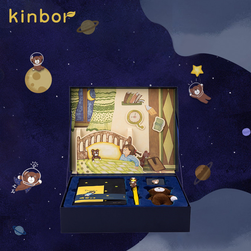 kinbor 手帐礼盒创意礼物文具节日套装8件套(B6刺绣记事本/钢笔/墨囊/贴纸/小熊玩偶）晚安故事DTB6521