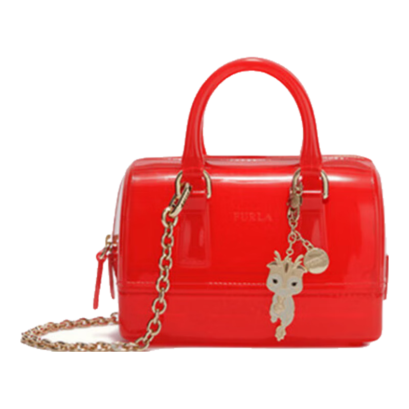 芙拉（FURLA）【618】【明星同款】CANDY女士迷你鏈條包波士頓包果凍包 珊瑚紅