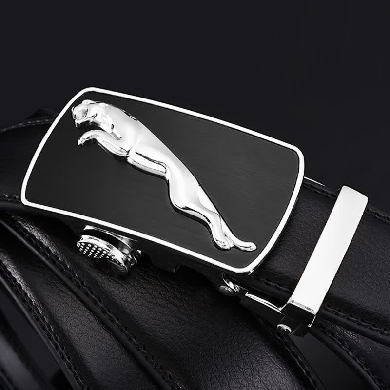 POACY男士皮带 豹子真牛皮腰带男 时尚商务情人节 情人节裤带男款 百搭 P807银色 115cm 【33-35裤码】