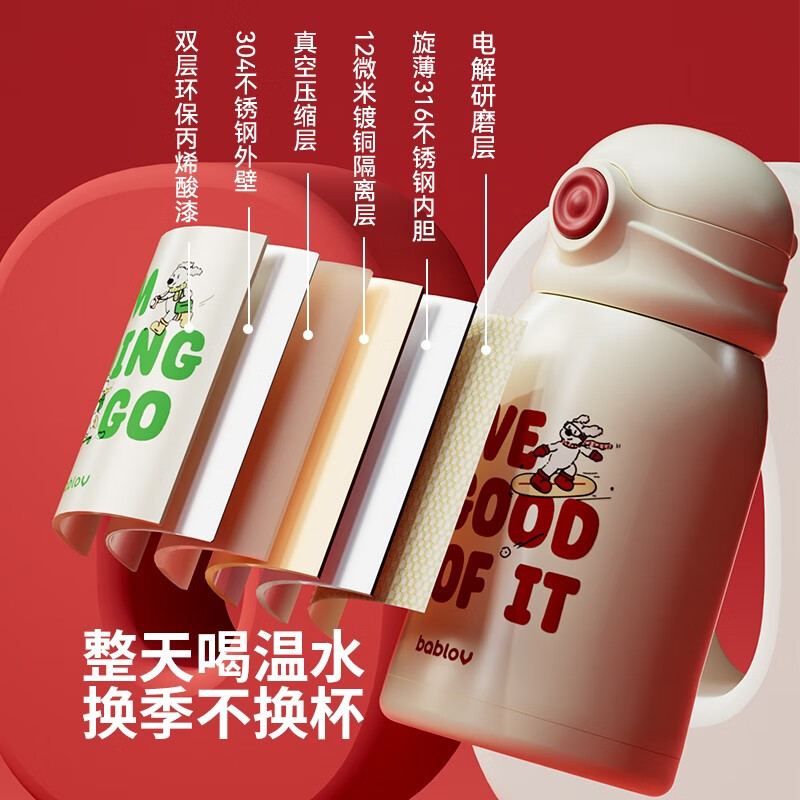 BABLOV花伴森儿童保温杯小学生送礼礼物大容量保温杯316高颜值便携水杯 嗨皮修狗480ml【一杯双盖+杯套】