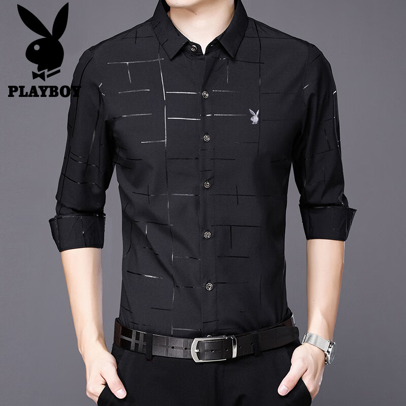 花花公子衬衫男春秋季帅气休闲衬衫男士商务正装韩版潮流修身长袖衬衣印花 长袖48202黑色 175/XL140-160斤