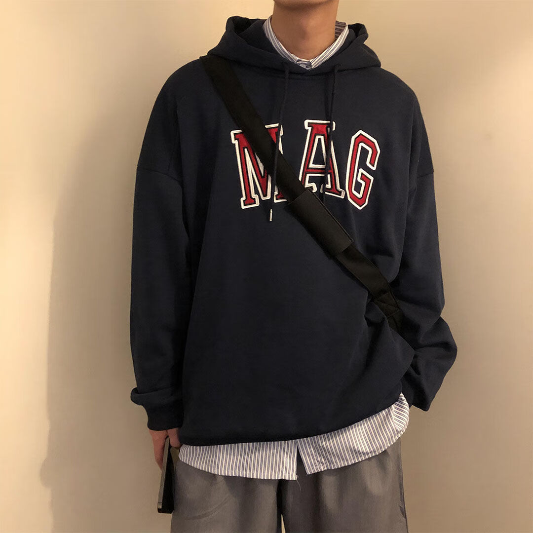 蓝骏启oversize卫衣男女连帽秋冬新款韩版加绒潮流宽松情侣外套ins